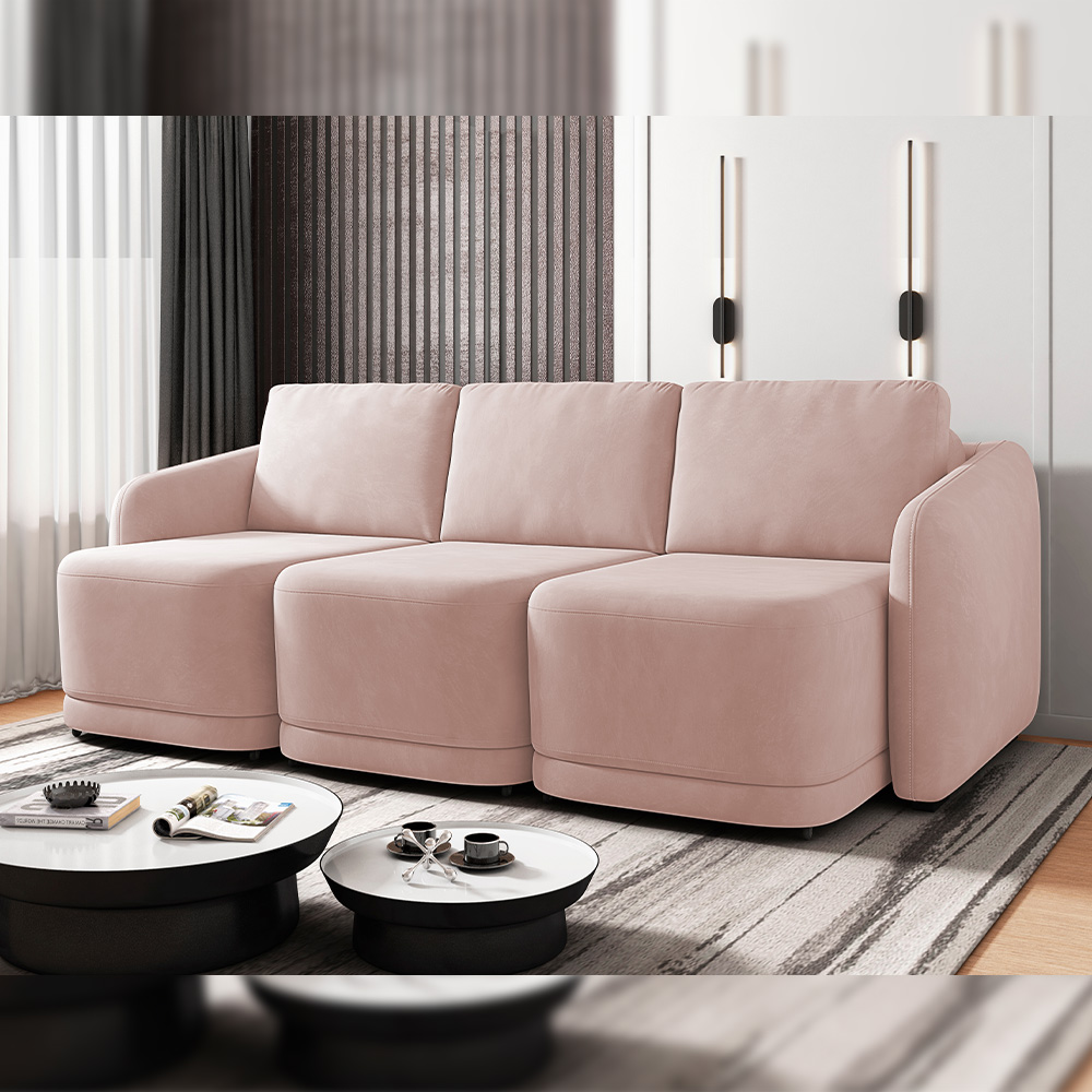 Sofá Cama para Sala de Estar 4 Lugares 336cm Montserrat K01 Veludo Rosê - Lyam Decor