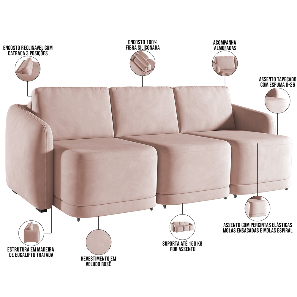 Sofá Cama para Sala de Estar 4 Lugares 336cm Montserrat K01 Veludo Rosê - Lyam Decor
