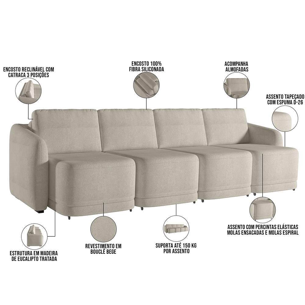 Sofá Cama para Sala de Estar 4 Lugares 356cm Montserrat K01 Bouclê Bege - Lyam Decor