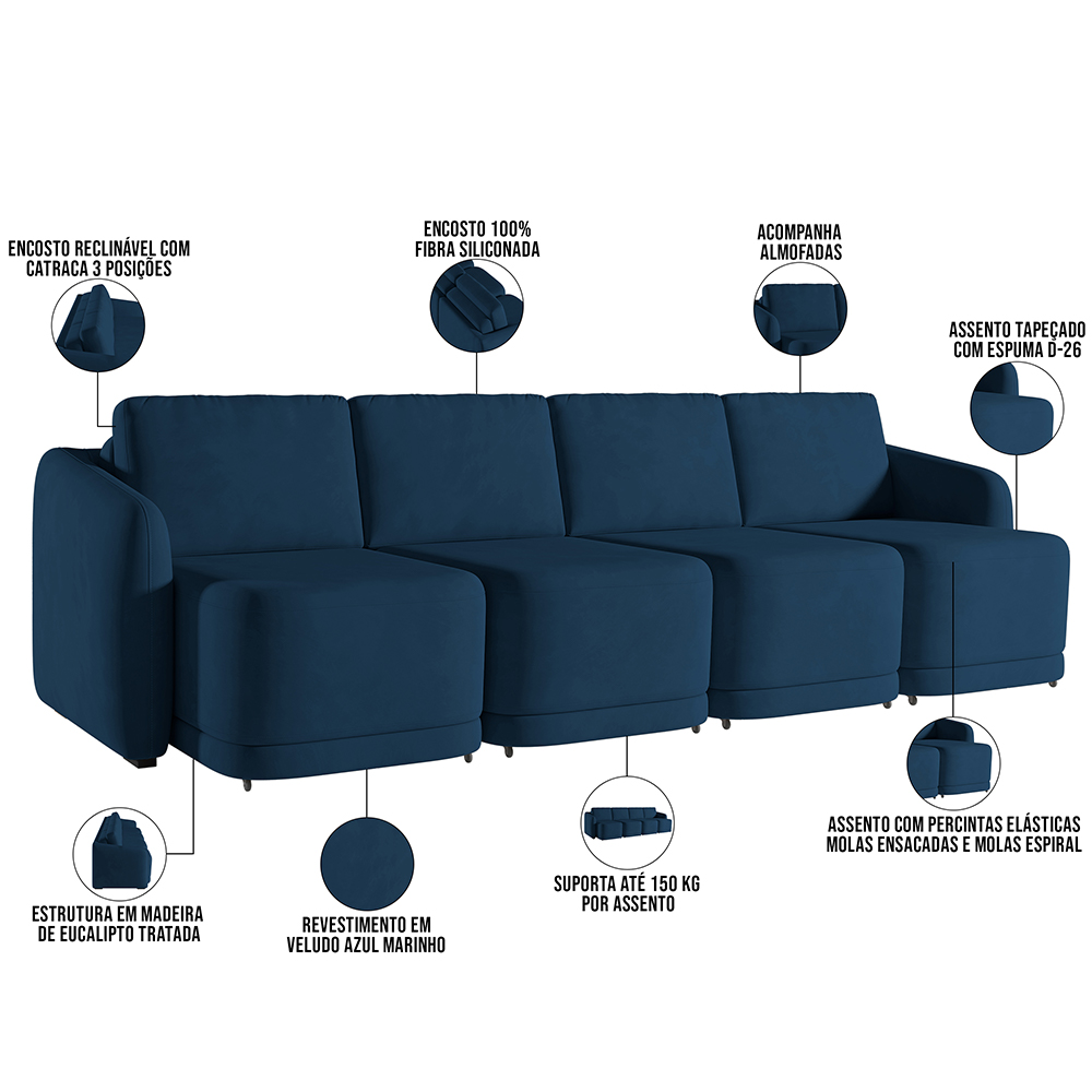 Sofá Cama para Sala de Estar 4 Lugares 356cm Montserrat K01 Veludo Azul Marinho - Lyam Decor
