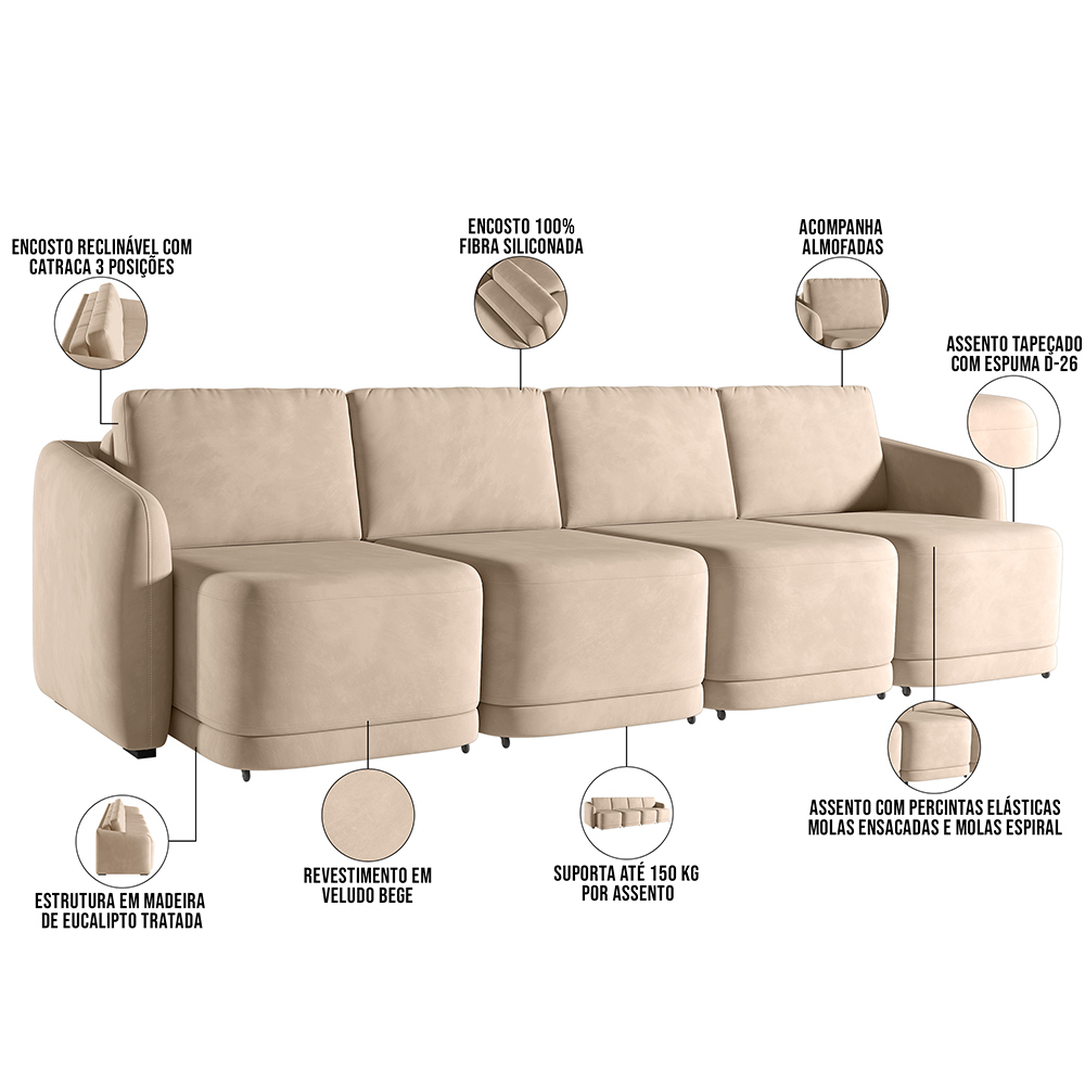 Sofá Cama para Sala de Estar 4 Lugares 356cm Montserrat K01 Veludo Bege - Lyam Decor