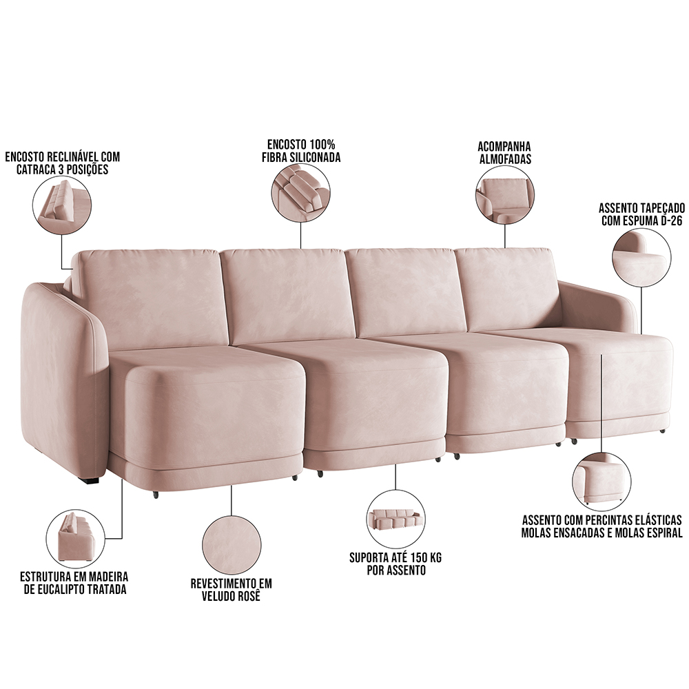 Sofá Cama para Sala de Estar 4 Lugares 356cm Montserrat K01 Veludo Rosê - Lyam Decor