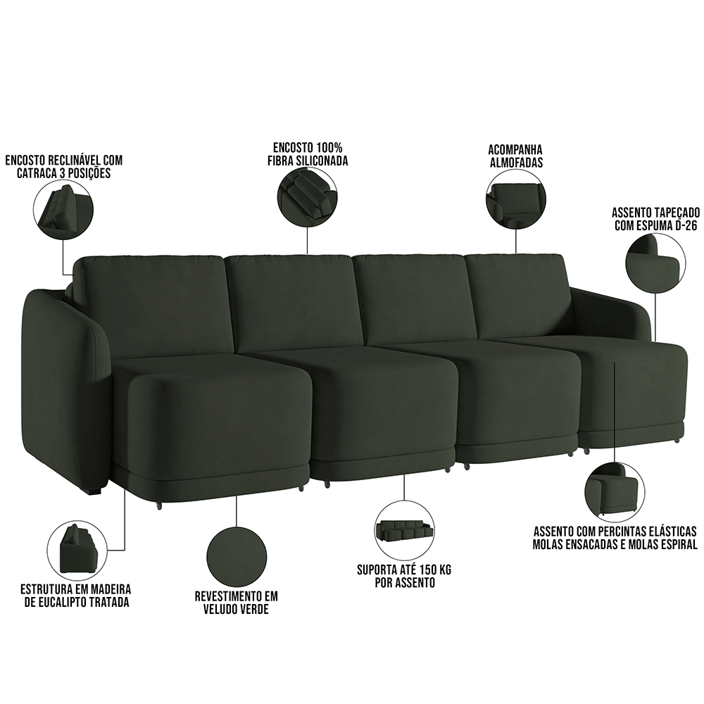 Sofá Cama para Sala de Estar 4 Lugares 356cm Montserrat K01 Veludo Verde - Lyam Decor