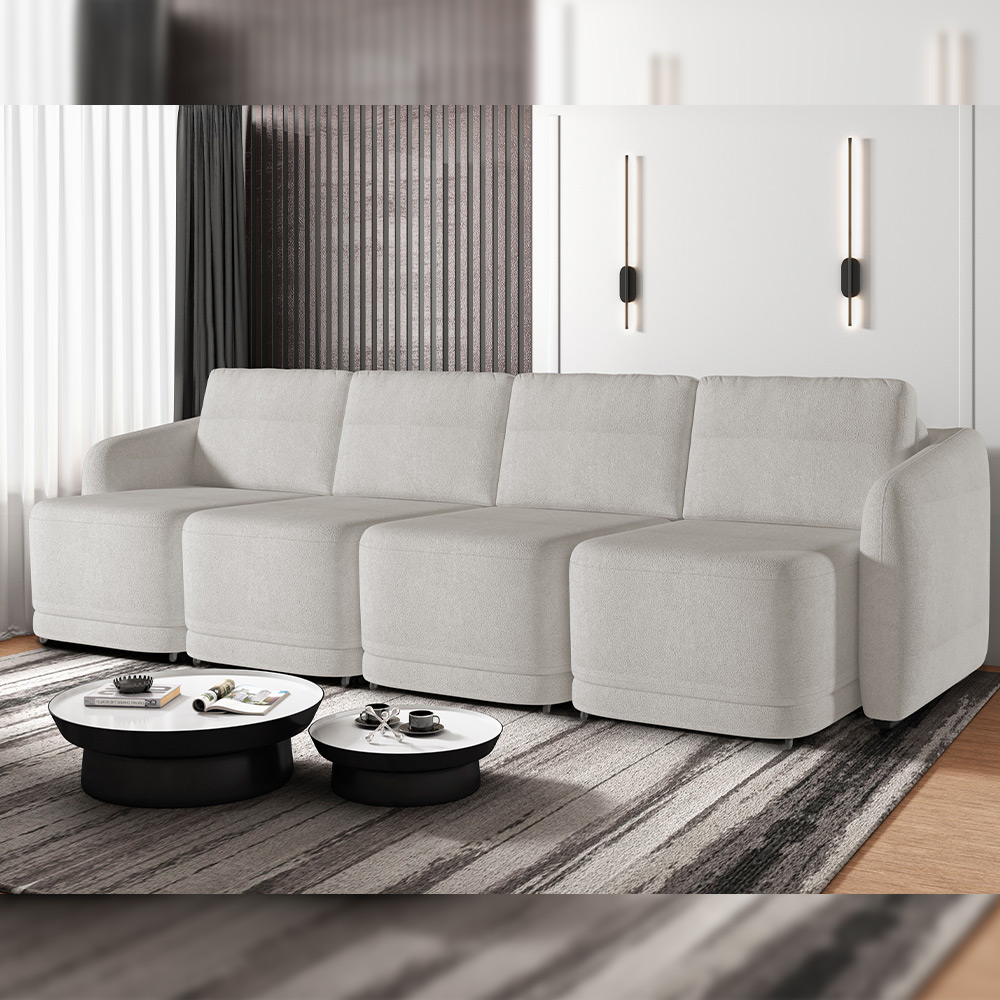 Sofá Cama para Sala de Estar 4 Lugares 396cm Montserrat K01 Bouclê Creme - Lyam Decor
