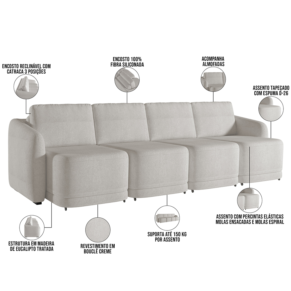Sofá Cama para Sala de Estar 4 Lugares 396cm Montserrat K01 Bouclê Creme - Lyam Decor