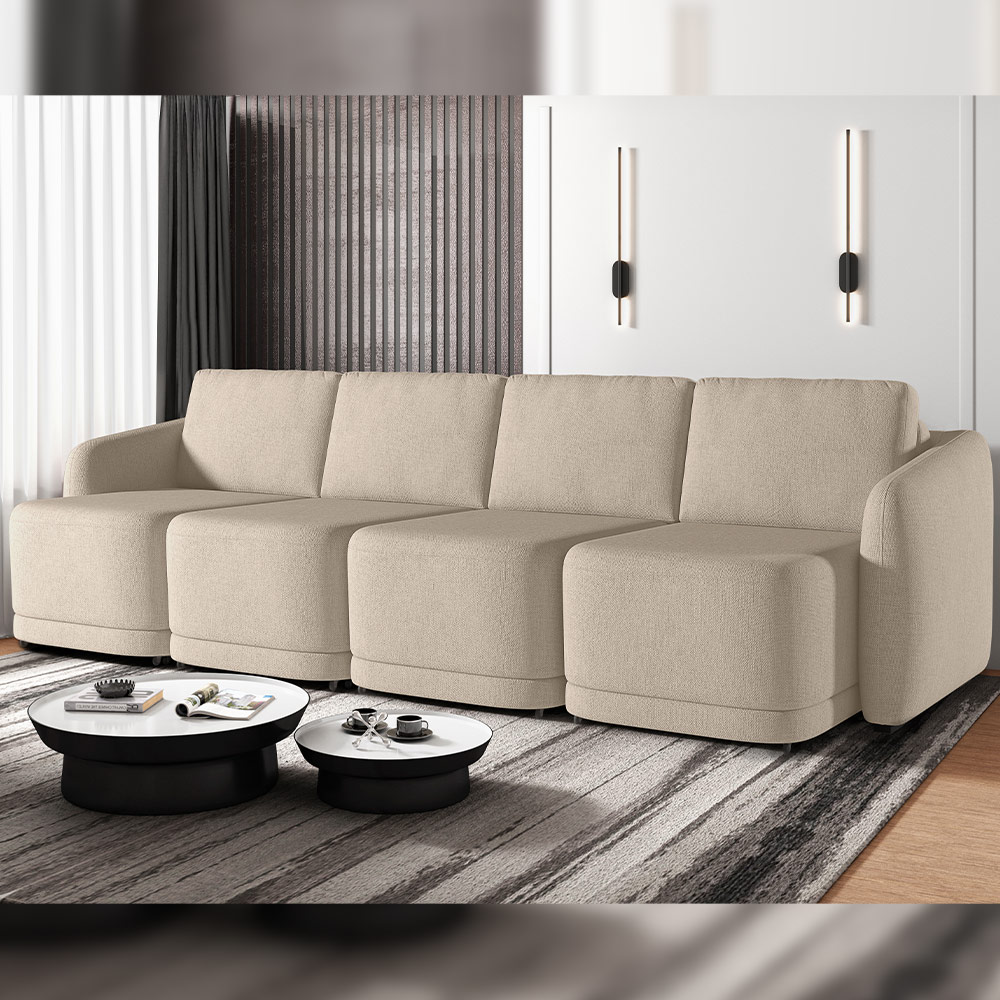 Sofá Cama para Sala de Estar 4 Lugares 396cm Montserrat K01 Linho Bege - Lyam Decor