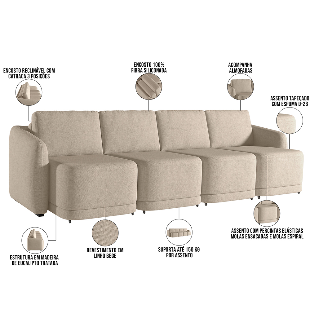 Sofá Cama para Sala de Estar 4 Lugares 396cm Montserrat K01 Linho Bege - Lyam Decor