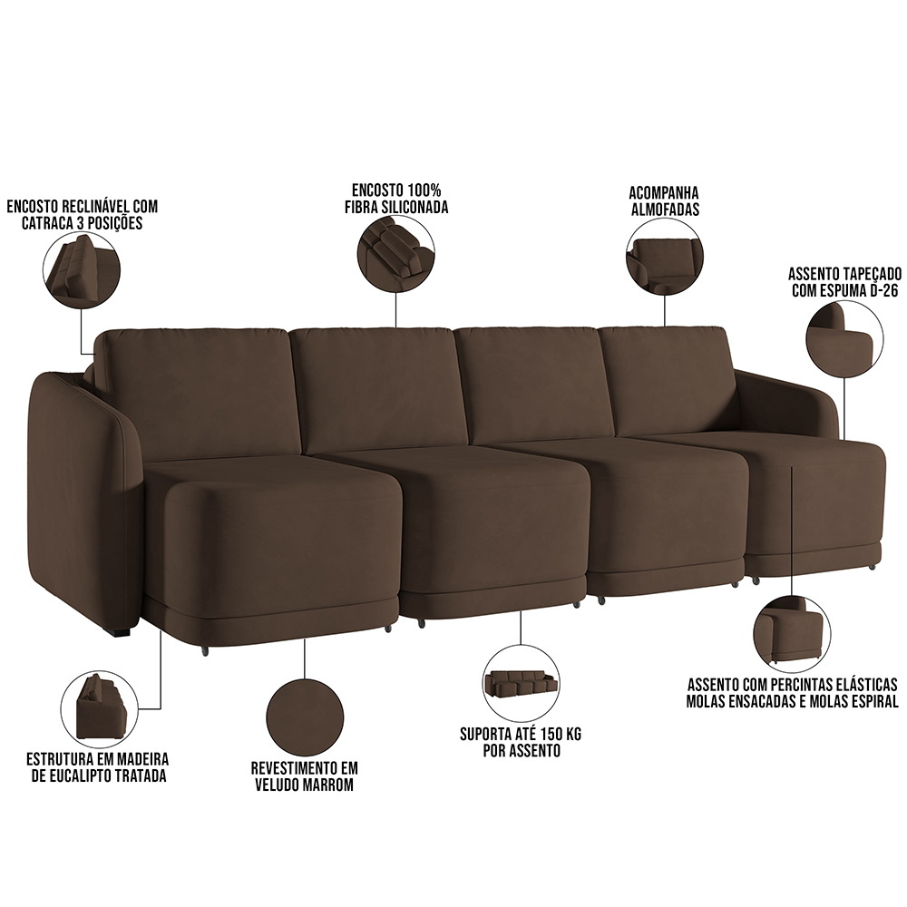 Sofá Cama para Sala de Estar 4 Lugares 396cm Montserrat K01 Veludo Marrom - Lyam Decor