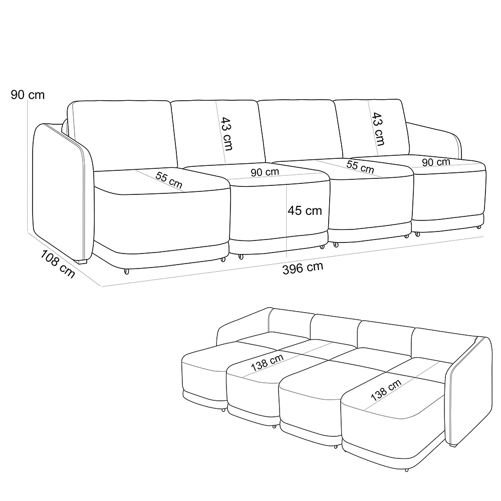 Sofá Cama para Sala de Estar 4 Lugares 396cm Montserrat K01 Veludo Verde - Lyam Decor