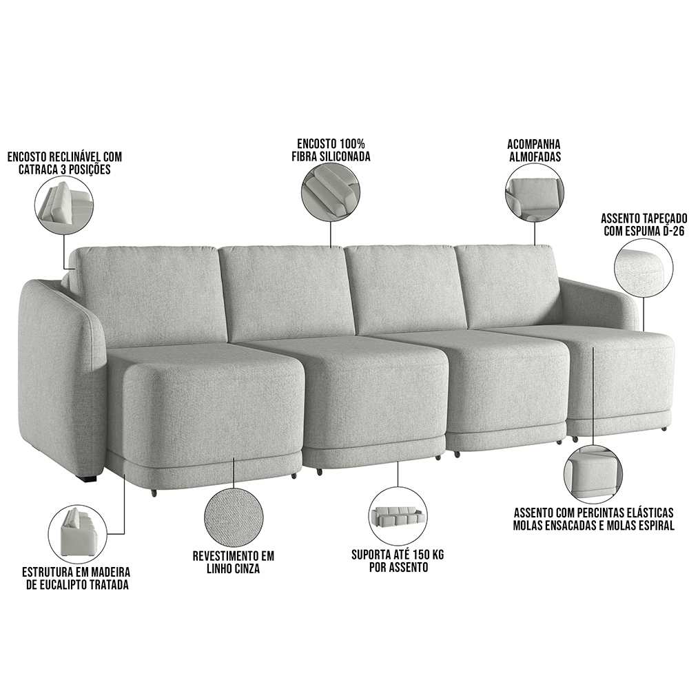 Sofá Cama para Sala de Estar 5 Lugares 436cm Montserrat K01 Linho Cinza - Lyam Decor
