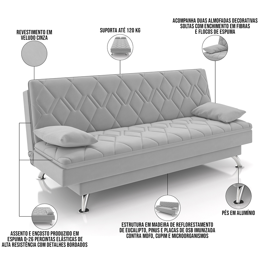 Sofá Cama para Sala de Estar Quarto 193cm Lia M03 Veludo Cinza - Lyam Decor