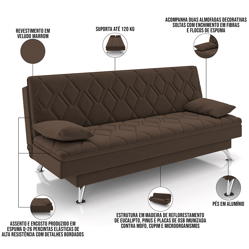 Sofá Cama para Sala de Estar Quarto 193cm Lia M03 Veludo Marrom - Lyam Decor