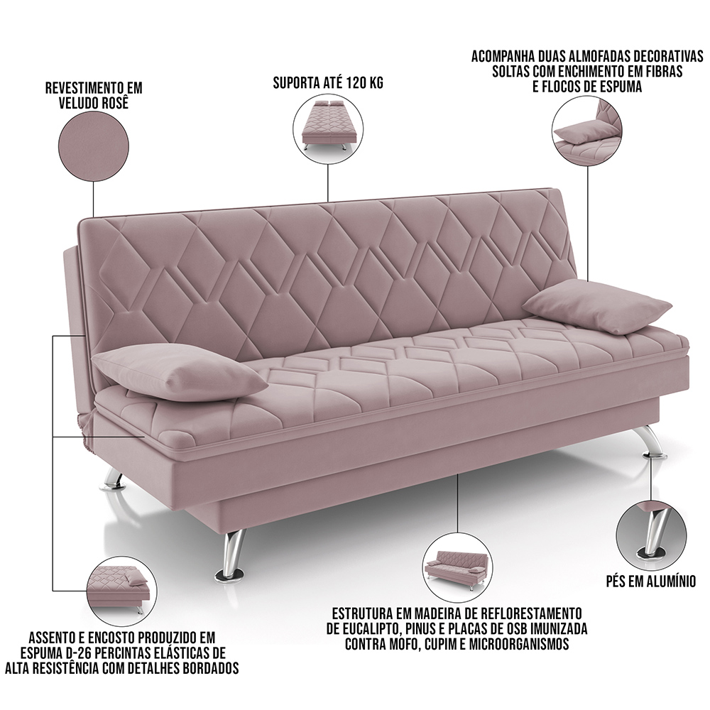 Sofá Cama para Sala de Estar Quarto 193cm Lia M03 Veludo Rosê - Lyam Decor