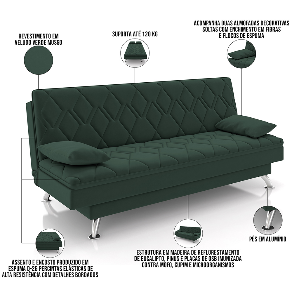 Sofá Cama para Sala de Estar Quarto 193cm Lia M03 Veludo Verde Musgo - Lyam Decor