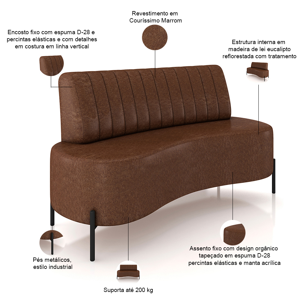 Sofá Chaise 2 Lugares Sala Living 135cm Pés Industrial Cayman K01 Couríssimo Marrom - Lyam Decor