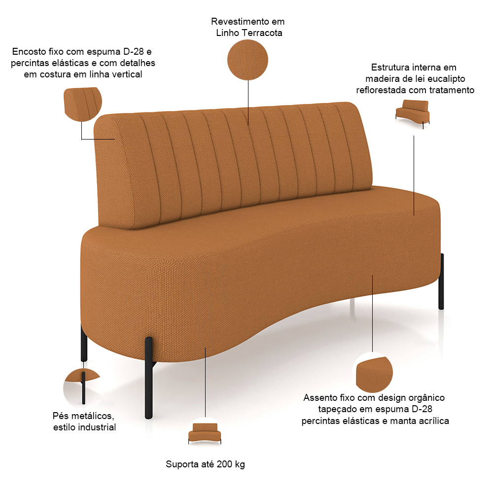 Sofá Chaise 2 Lugares Sala Living 135cm Pés Industrial Cayman K01 Linho Terracota - Lyam Decor