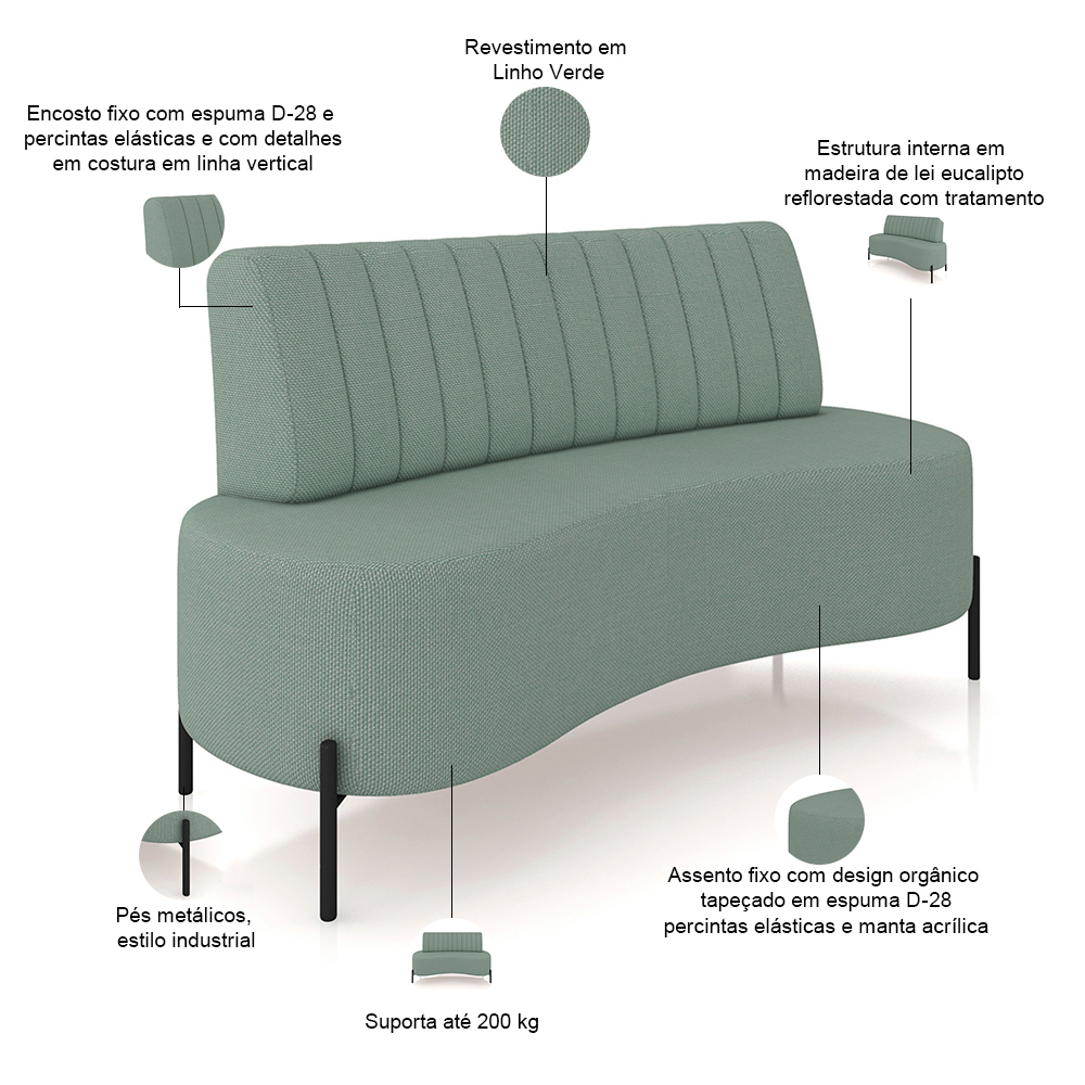 Sofá Chaise 2 Lugares Sala Living 135cm Pés Industrial Cayman K01 Linho Verde - Lyam Decor