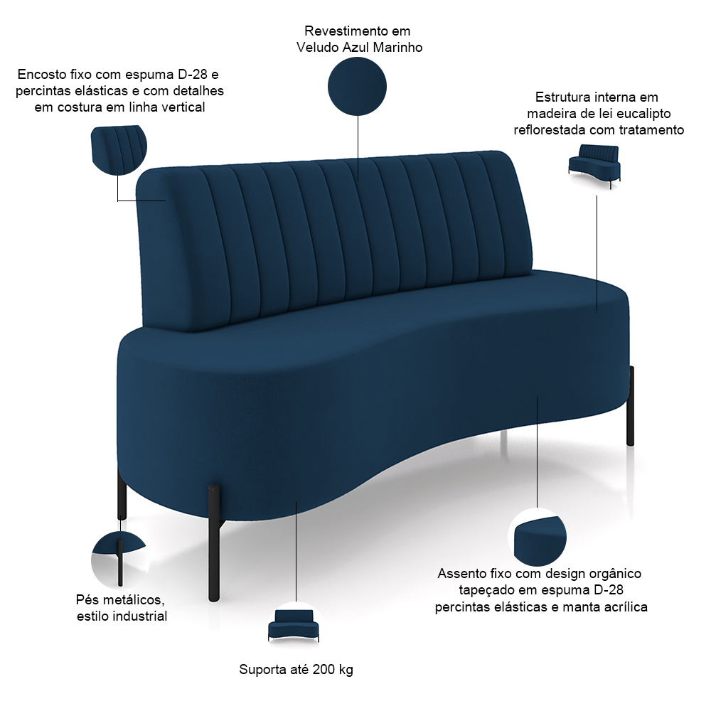 Sofá Chaise 2 Lugares Sala Living 135cm Pés Industrial Cayman K01 Veludo Azul Marinho - Lyam Decor