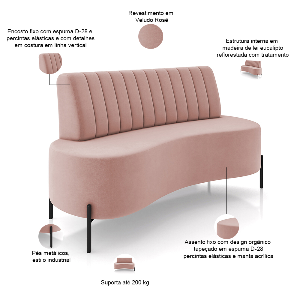 Sofá Chaise 2 Lugares Sala Living 135cm Pés Industrial Cayman K01 Veludo Rosê - Lyam Decor
