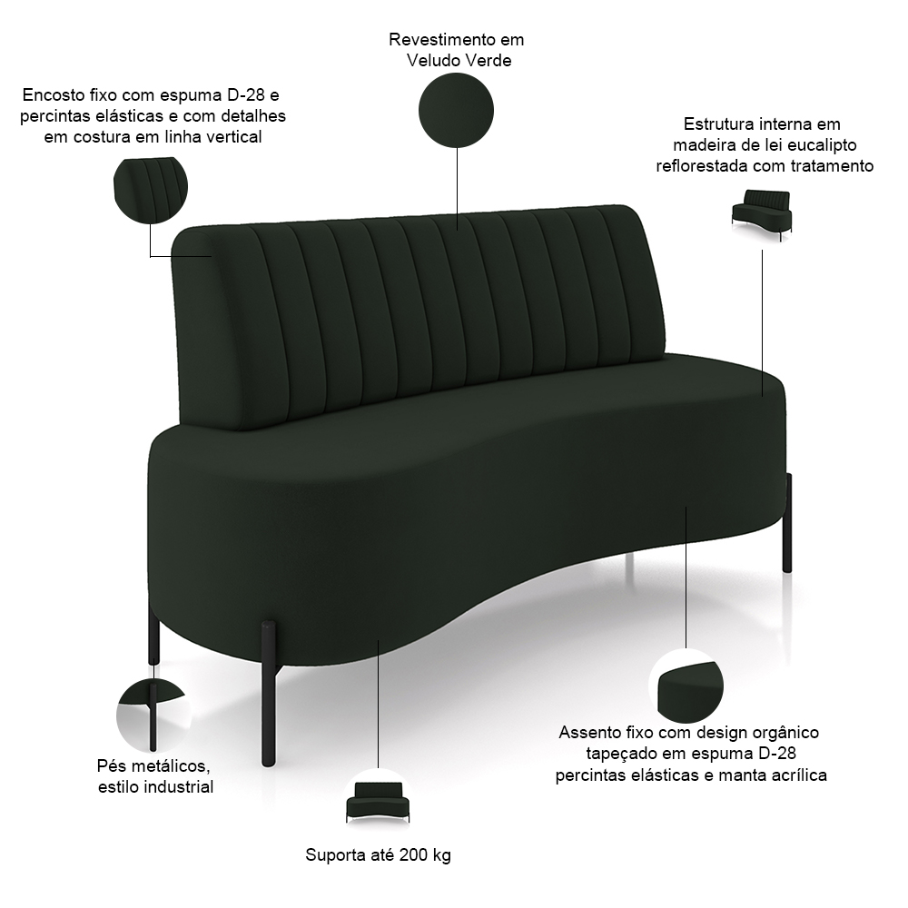 Sofá Chaise 2 Lugares Sala Living 135cm Pés Industrial Cayman K01 Veludo Verde - Lyam Decor