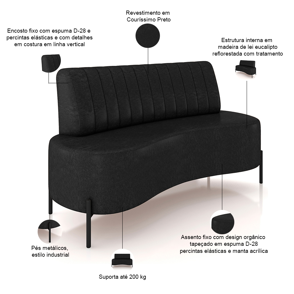 Sofá Chaise 2 Lugares Sala Living 160cm Pés Industrial Cayman K01 Couríssimo Preto - Lyam Decor