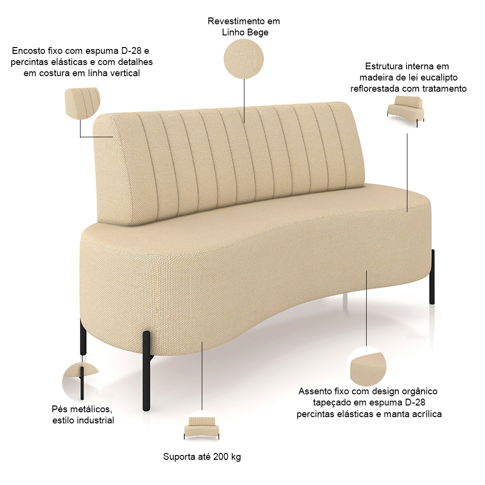Sofá Chaise 2 Lugares Sala Living 160cm Pés Industrial Cayman K01 Linho Bege - Lyam Decor