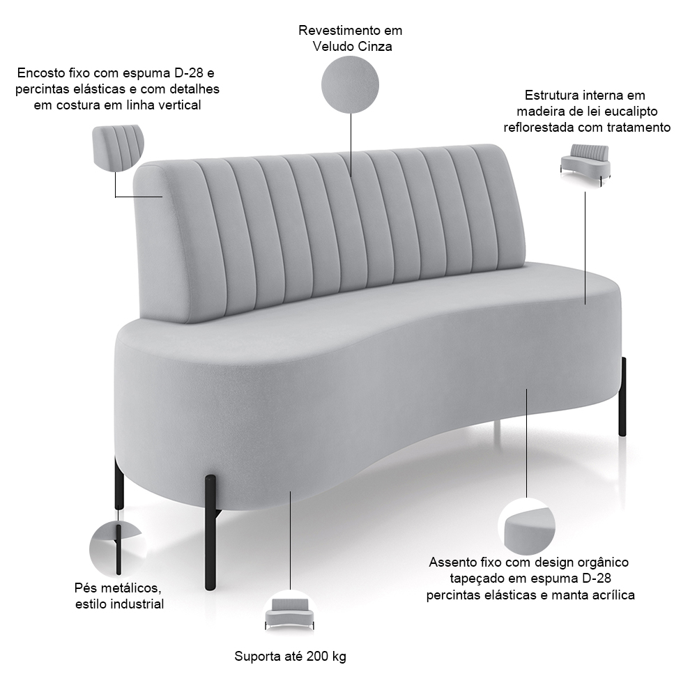 Sofá Chaise 2 Lugares Sala Living 160cm Pés Industrial Cayman K01 Veludo Cinza - Lyam Decor