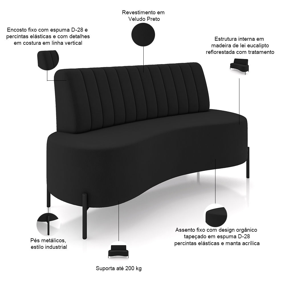 Sofá Chaise 2 Lugares Sala Living 160cm Pés Industrial Cayman K01 Veludo Preto - Lyam Decor