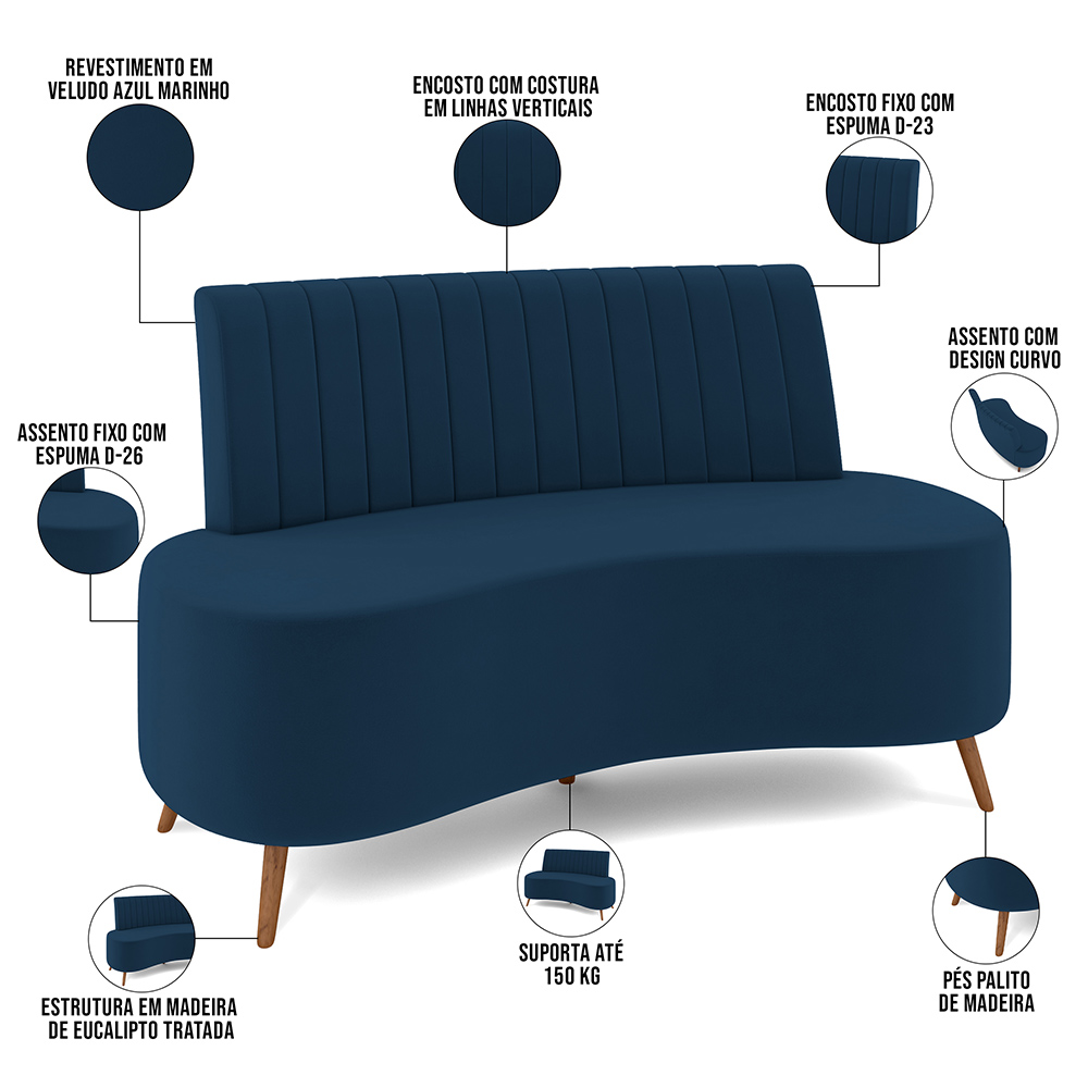 Sofá Chaise Living 2 Lugares 135cm Para Sala Cayman K01 Veludo Azul Marinho - Lyam Decor