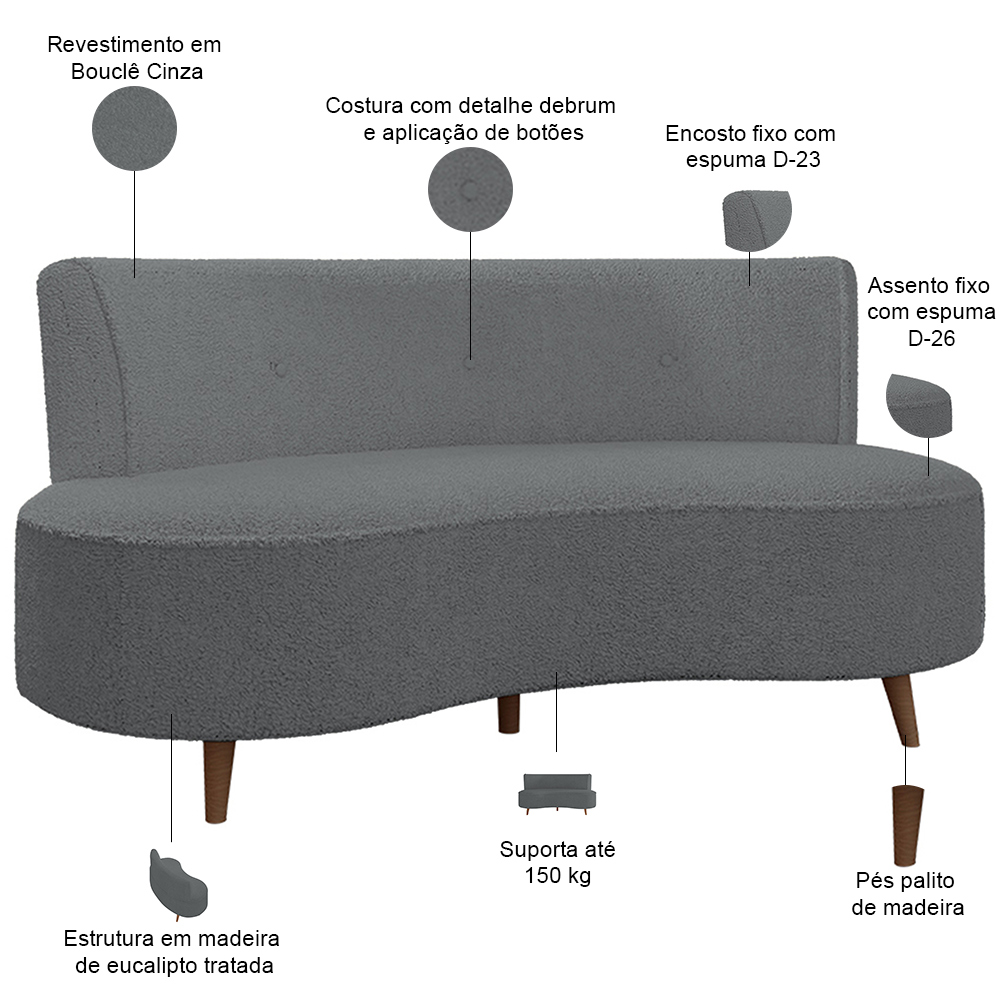 Sofá Chaise Living 2 Lugares 135cm Sala de Estar Istambul K01 Bouclê Cinza - Lyam Decor