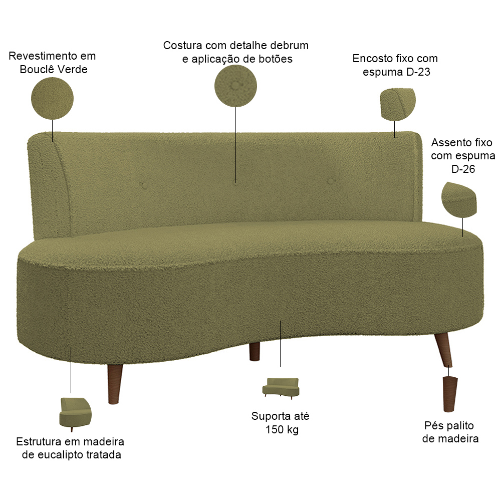 Sofá Chaise Living 2 Lugares 135cm Sala de Estar Istambul K01 Bouclê Verde - Lyam Decor