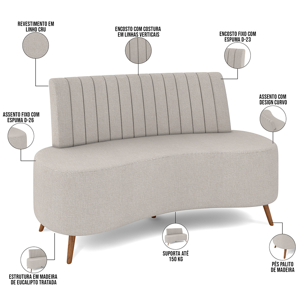 Sofá Chaise Living 2 Lugares 135cm para Sala Cayman K01 Linho Cru - Lyam Decor