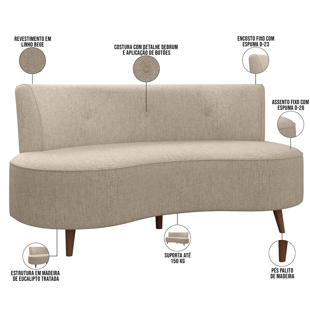Sofá Chaise Living 2 Lugares 135cm para Sala Istambul K01 Linho Bege - Lyam Decor