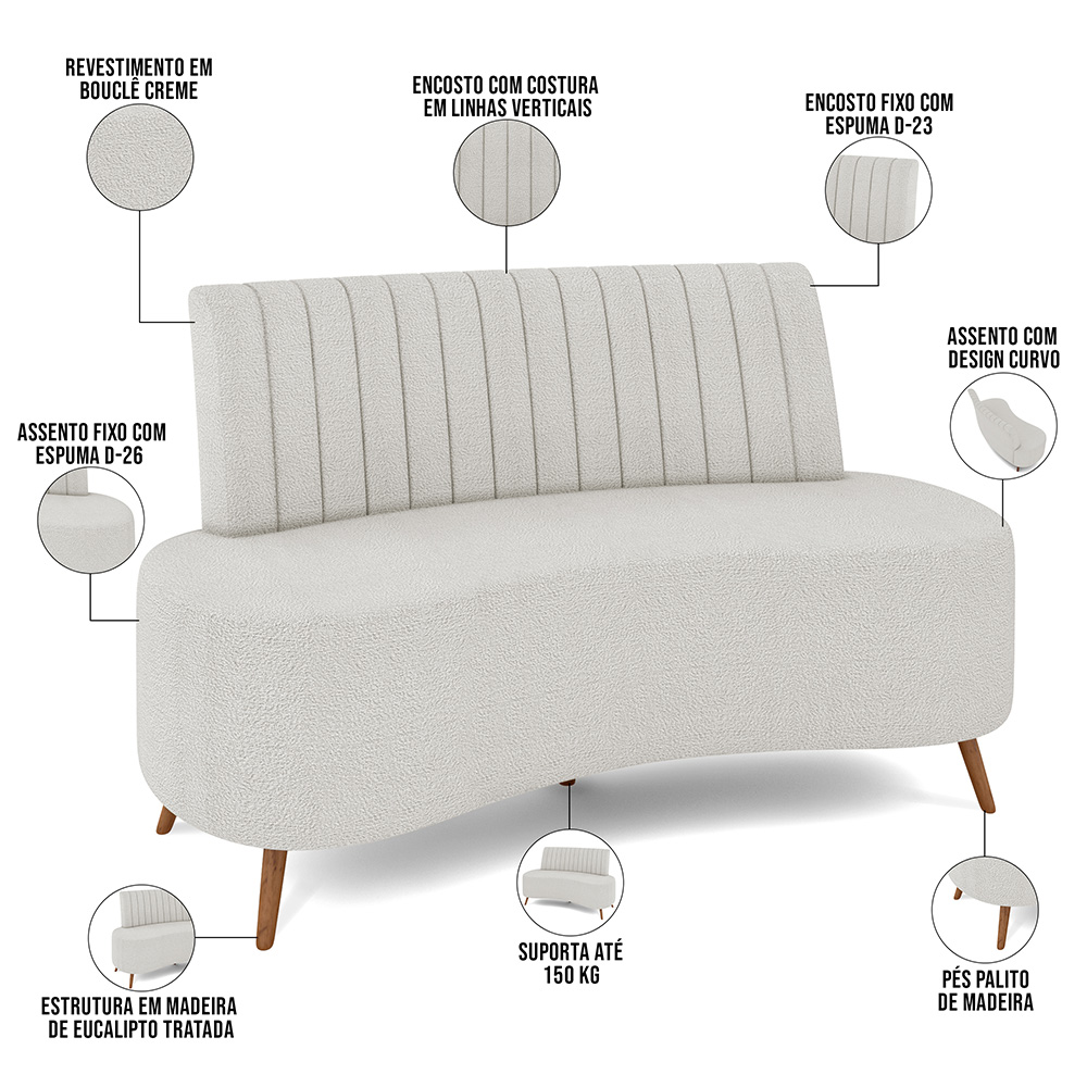 Sofá Chaise Living 2 Lugares 160cm Para Sala  Cayman K01 Bouclê Creme - Lyam Decor