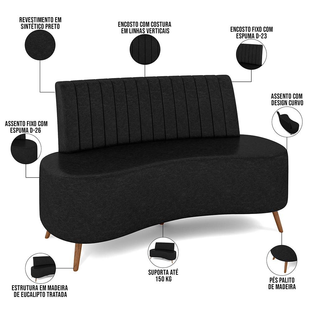 Sofá Chaise Living 2 Lugares 160cm Para Sala  Cayman K01 Sintético Preto - Lyam Decor