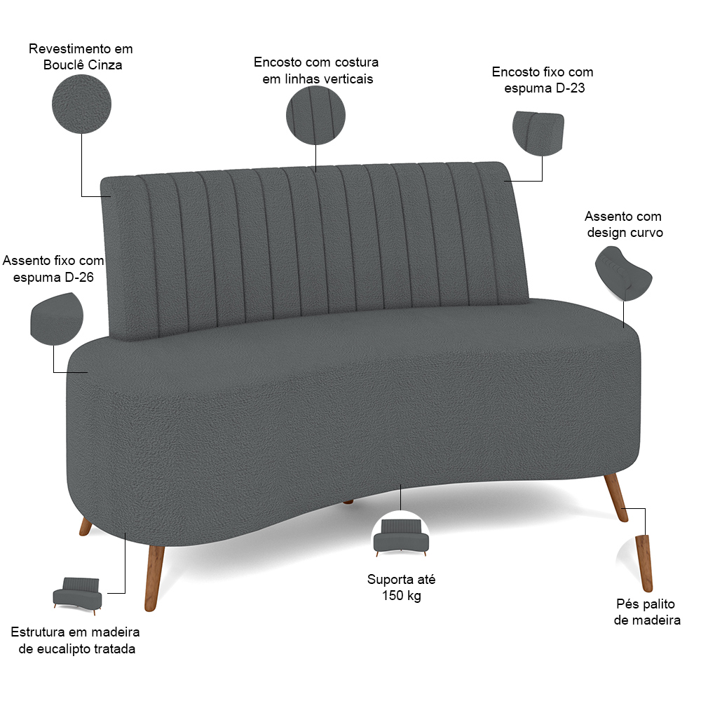 Sofá Chaise Living 2 Lugares 160cm Para Sala Cayman K01 Bouclê Cinza - Lyam Decor