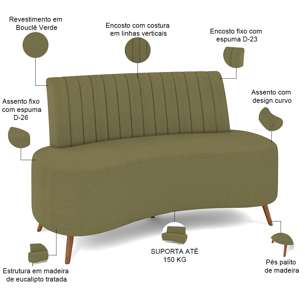 Sofá Chaise Living 2 Lugares 160cm Para Sala Cayman K01 Bouclê Verde - Lyam Decor