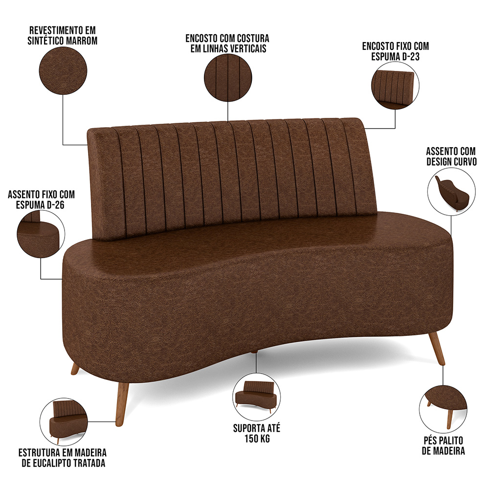 Sofá Chaise Living 2 Lugares 160cm Para Sala Cayman K01 Sintético Marrom - Lyam Decor