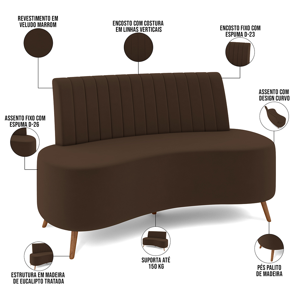 Sofá Chaise Living 2 Lugares 160cm Para Sala Cayman K01 Veludo Marrom - Lyam Decor