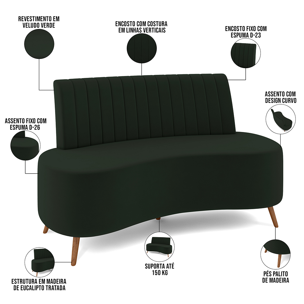 Sofá Chaise Living 2 Lugares 160cm Para Sala Cayman K01 Veludo Verde - Lyam Decor