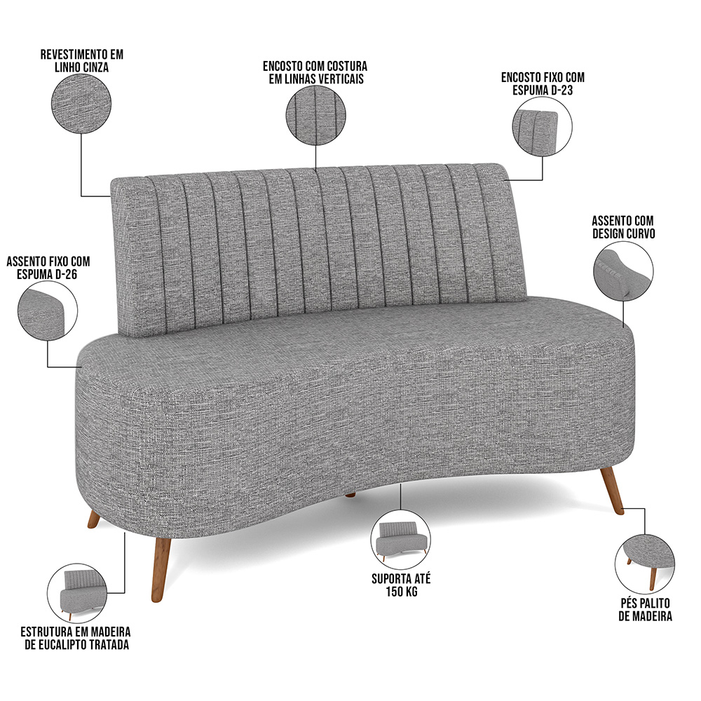 Sofá Chaise Living 2 Lugares 160cm para Sala Cayman K01 Linho Cinza - Lyam Decor