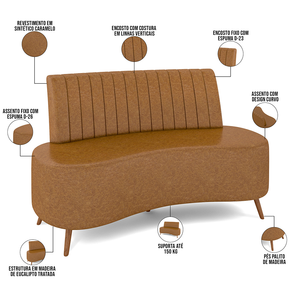 Sofá Chaise Living 2 Lugares 160cm para Sala Cayman K01 Sintético Caramelo - Lyam Decor