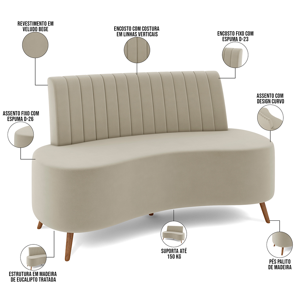 Sofá Chaise Living 2 Lugares 160cm para Sala Cayman K01 Veludo Bege - Lyam Decor