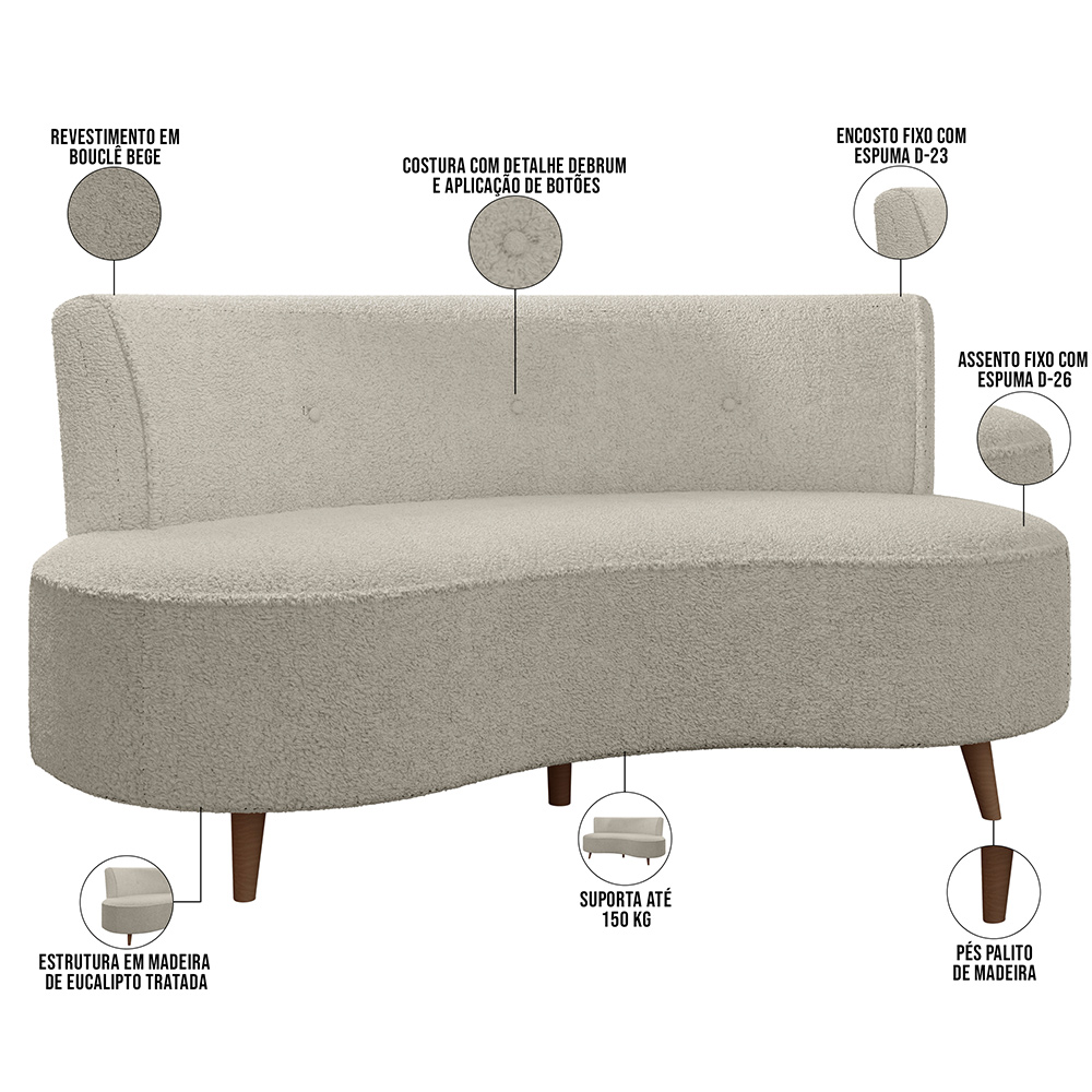 Sofá Chaise Living 2 Lugares 160cm para Sala Istambul K01 Bouclê Bege - Lyam Decor