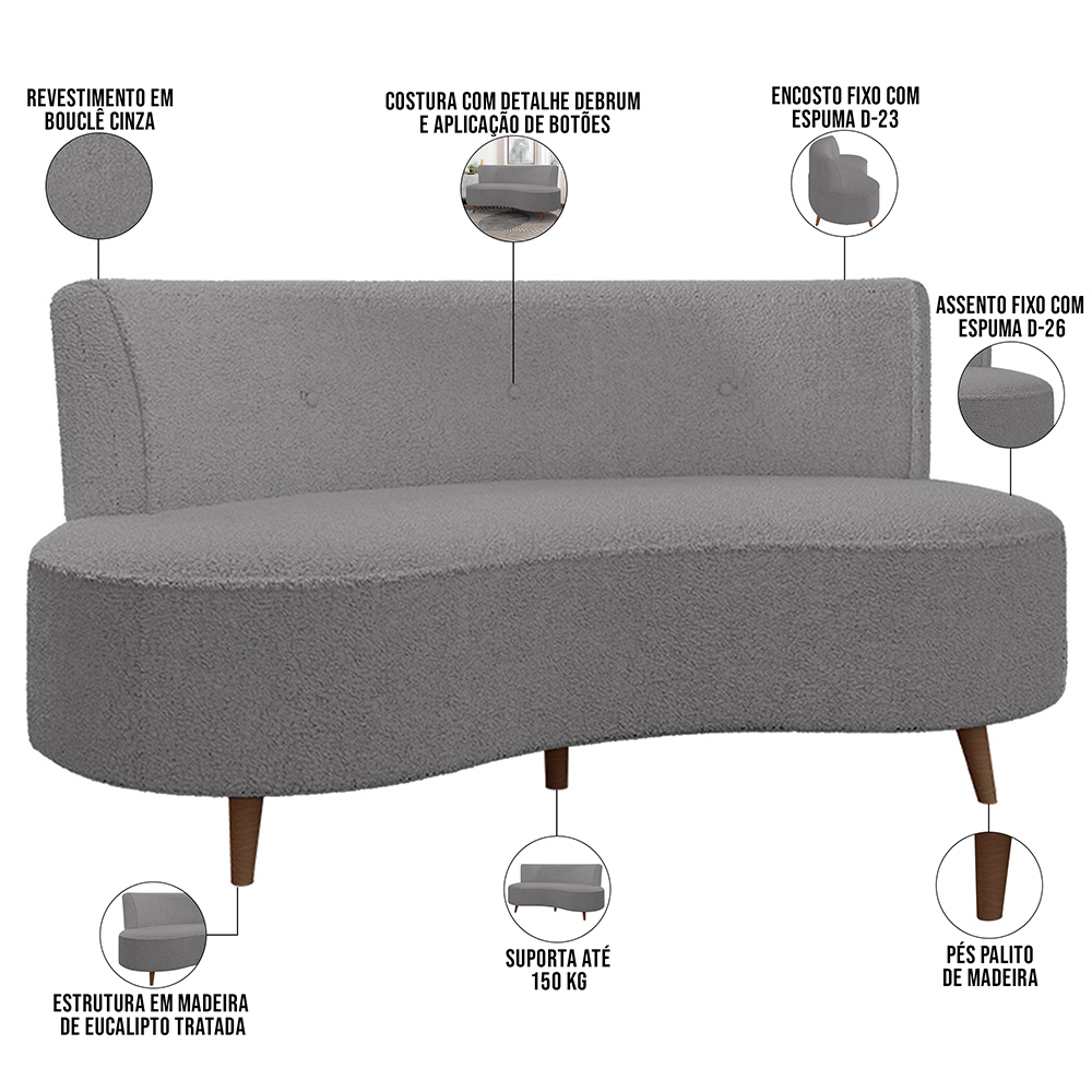 Sofá Chaise Living 2 Lugares 160cm para Sala Istambul K01 Bouclê Cinza - Lyam Decor