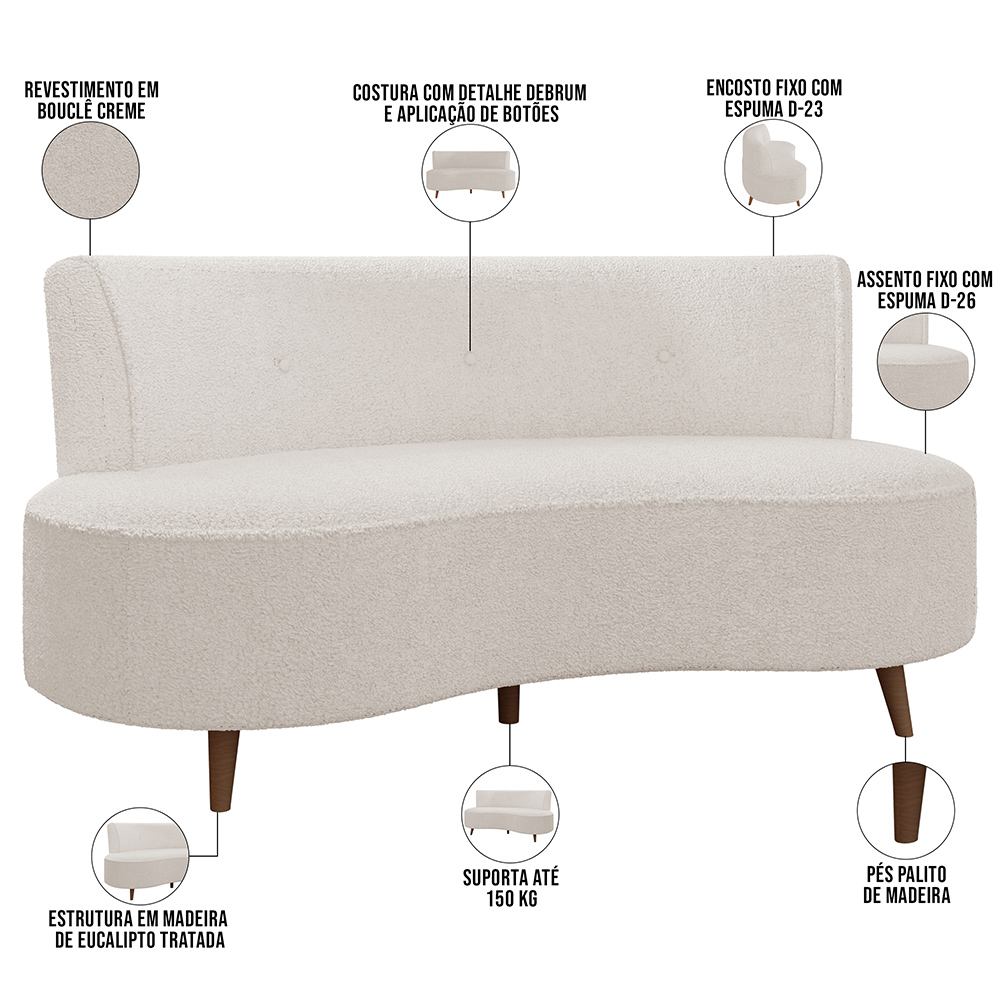 Sofá Chaise Living 2 Lugares 160cm para Sala Istambul K01 Bouclê Creme - Lyam Decor