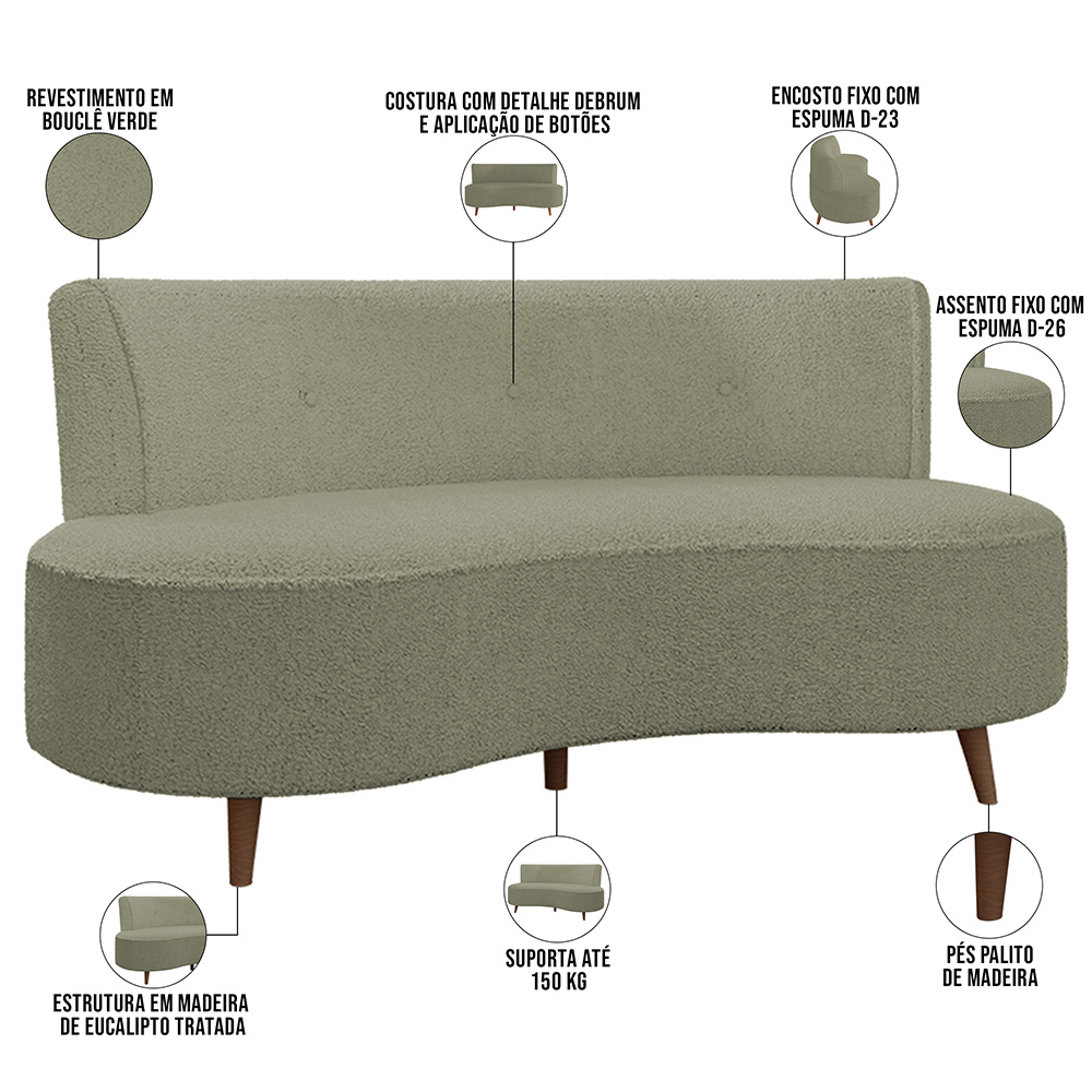 Sofá Chaise Living 2 Lugares 160cm para Sala Istambul K01 Bouclê Verde - Lyam Decor