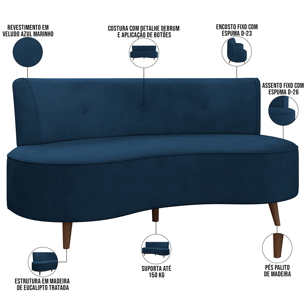 Sofá Chaise Living 2 Lugares 160cm para Sala Istambul K01 Veludo Azul Marinho - Lyam Decor