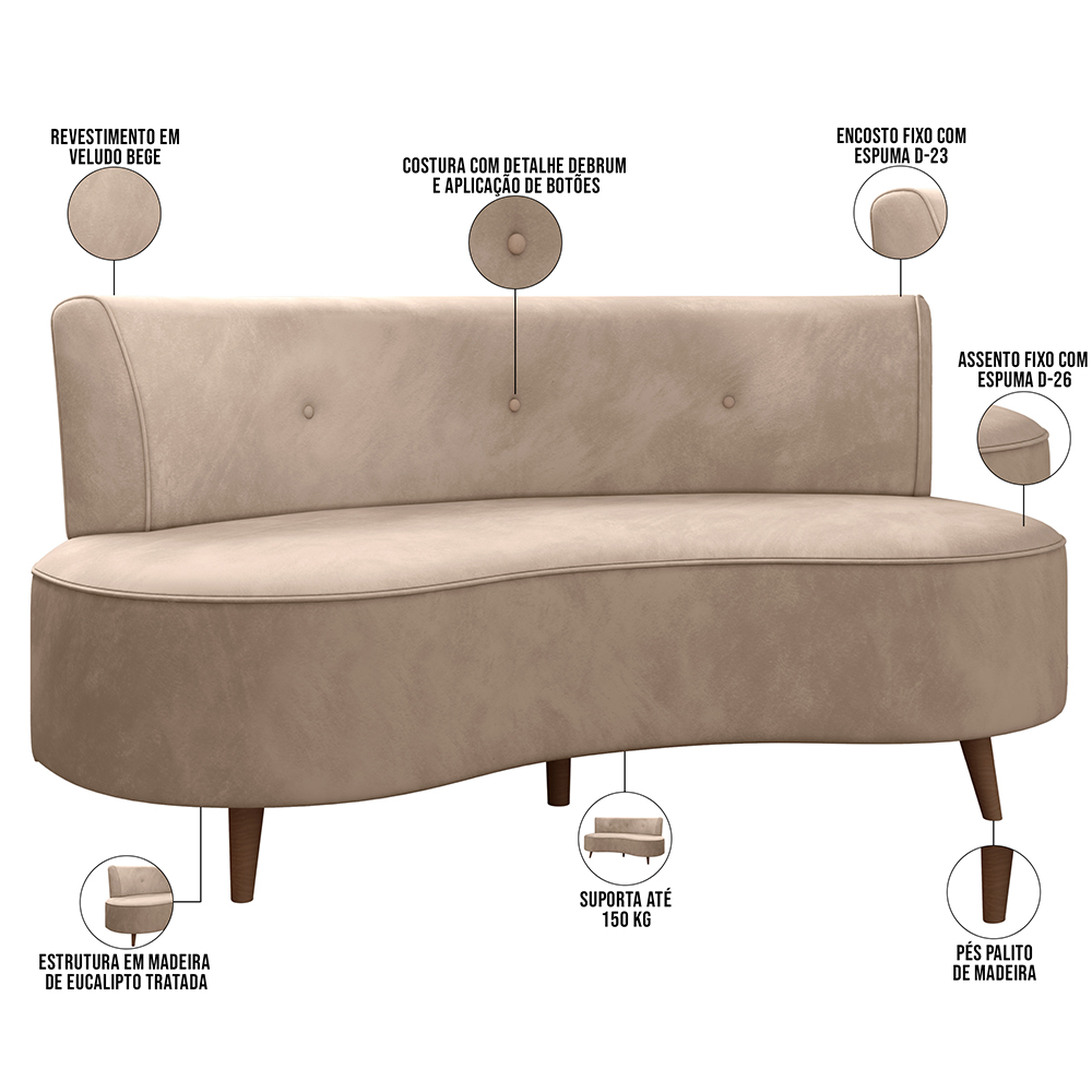 Sofá Chaise Living 2 Lugares 160cm para Sala Istambul K01 Veludo Bege - Lyam Decor