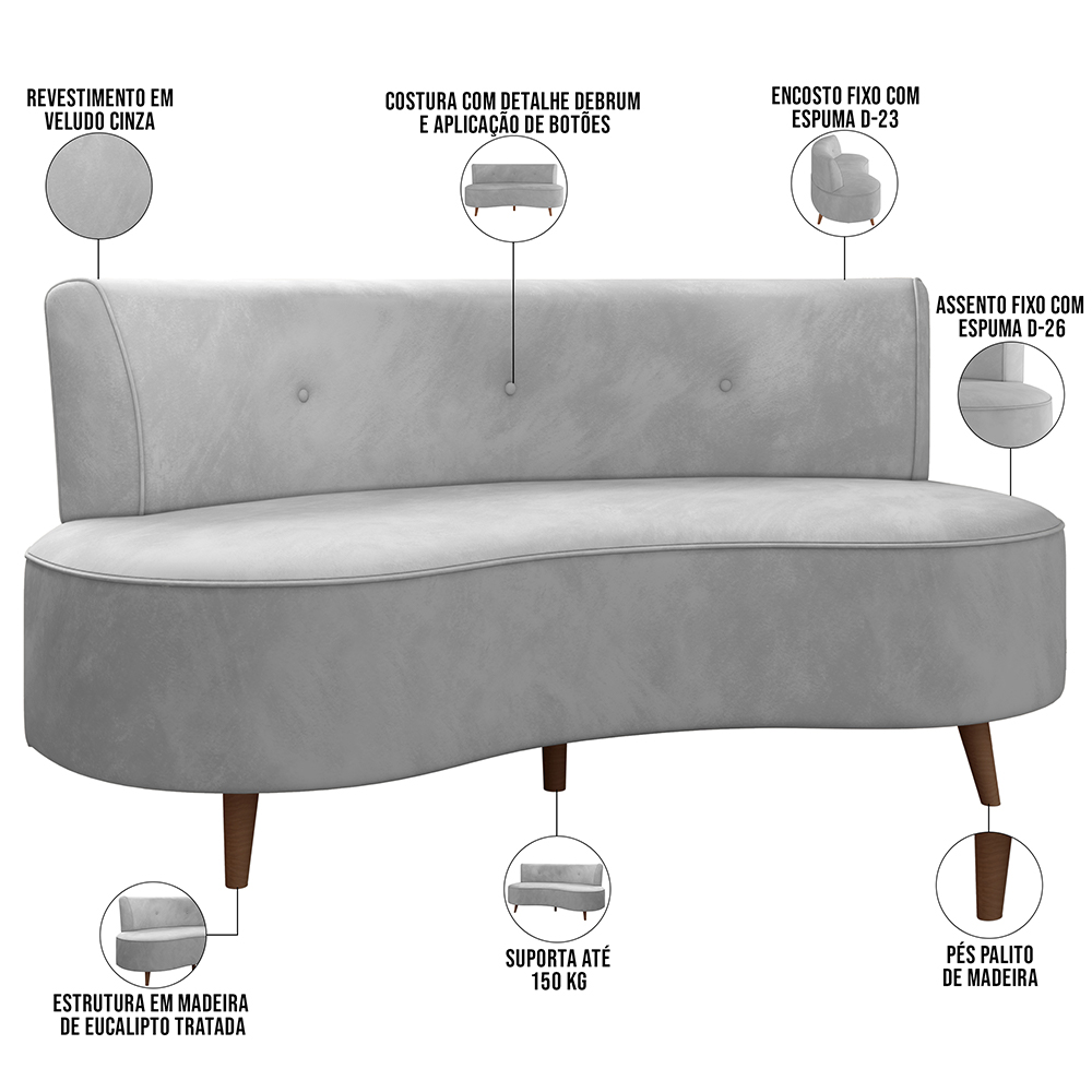 Sofá Chaise Living 2 Lugares 160cm para Sala Istambul K01 Veludo Cinza - Lyam Decor